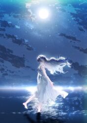 Rule 34 | 1girl, :d, artist name, bare shoulders, barefoot, blue eyes, blue hair, blue theme, commentary, dress, floating hair, from side, full moon, gavin (jypic), hair over face, happy, highres, horizon, long hair, looking at viewer, moon, moonlight, nature, night, night sky, ocean, open mouth, original, outdoors, see-through silhouette, shadow, signature, sky, sleeveless, sleeveless dress, smile, solo, sparkle, standing, standing on one leg, star (sky), symbol-only commentary, very long hair, wading, water, wavy hair, white dress, white hair