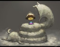 Rule 34 | androgynous, brown hair, dark, dog, frisk (undertale), gender request, koto inari, lesser dog, letterboxed, shirt, short hair, snow, striped clothes, striped shirt, tail, tail wagging, undertale