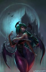 Rule 34 | 1girl, animal print, artist name, bare shoulders, bat (animal), bat print, breasts, castle, cleavage, cutesexyrobutts, demon girl, green eyes, green hair, head wings, highres, large breasts, lips, long hair, looking at viewer, md5 mismatch, monster girl, moon, morrigan aensland, pantyhose, resolution mismatch, signature, solo, source smaller, thick thighs, thighs, vampire (game), wide hips, wings