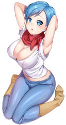 Rule 34 | 1girl, :o, armpits, arms behind head, blue eyes, blue hair, blue pants, blush, boots, breasts, brown footwear, bulma, cleavage, covered erect nipples, denim, dragon ball, dragon ball super, earrings, from above, full body, gatchu, highres, jeans, jewelry, large breasts, looking at viewer, matching hair/eyes, midriff, no bra, pants, red scarf, scarf, shirt, short hair, short sleeves, simple background, sitting, solo, stud earrings, swept bangs, t-shirt, wariza, white background, white shirt