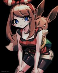 Rule 34 | 1girl, artist name, bare arms, bike shorts, bike shorts under shorts, black background, blue eyes, blurry, blush, blush visible through hair, bow hairband, breasts, brown hair, cleavage, closed mouth, collarbone, commentary, cowboy shot, creatures (company), eevee, fanny pack, game freak, gen 1 pokemon, green bag, hairband, hands on own leg, leaning forward, looking at viewer, makaroll, may (pokemon), medium breasts, nintendo, pokemon, pokemon (creature), pokemon on back, pokemon oras, red hairband, red ribbon, red shirt, ribbon, shirt, short hair, short hair with long locks, short shorts, short sleeves, shorts, simple background, smile, solo, split mouth, striped ribbon, swept bangs, white shorts
