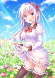 Rule 34 | 1girl, :d, black thighhighs, blue eyes, blue sky, blush, bow, cloud, collared dress, commentary request, day, dress, flower, frilled dress, frilled shirt collar, frilled thighhighs, frills, garter straps, hair between eyes, hair bow, juliet sleeves, long hair, long sleeves, moe2019, open mouth, original, outdoors, puffy sleeves, purple flower, red bow, silver hair, skirt basket, sky, smile, solo, suzukawa yui, thighhighs, very long hair, white dress, white flower, yellow flower