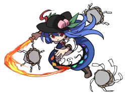Rule 34 | 1girl, black hat, blouse, blue hair, blue skirt, boots, bow, bowtie, brown footwear, cross-laced footwear, dress shirt, fighting stance, food, fruit, full body, hat, hinanawi tenshi, holding, holding sword, holding weapon, keystone, lace-up boots, leaf, long hair, looking at viewer, peach, puffy short sleeves, puffy sleeves, puyopuyo, rainbow order, red eyes, shinmon akika, shirt, short sleeves, simple background, skirt, solo, sword, sword of hisou, touhou, weapon, white background, wing collar