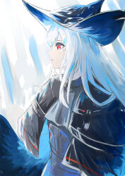 Rule 34 | 1girl, absurdres, arknights, black capelet, black hat, blue hair, blue hat, capelet, commentary request, dress, grey dress, hair between eyes, hat, highres, long hair, multicolored hair, parted lips, profile, red eyes, skadi (arknights), solo, streaked hair, uryu (uryu0329), white hair