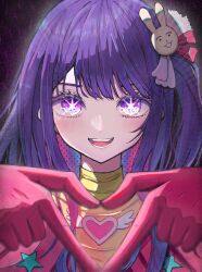 Rule 34 | 1girl, blush, brooch, colored inner hair, commentary, gloves, hair ornament, heart, heart brooch, heart hands, highres, hoshino ai (oshi no ko), jewelry, long hair, looking at viewer, multicolored hair, one side up, open mouth, oshi no ko, pink gloves, portrait, purple eyes, purple hair, rabbit hair ornament, sidelocks, smile, solo, takayou, teeth, turtleneck