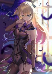 Rule 34 | 1girl, absurdres, bare shoulders, bird, black gloves, black thighhighs, blonde hair, blush, bodystocking, bow, breasts, crow, elbow gloves, eyepatch, feathers, fischl (genshin impact), garter straps, genshin impact, gloves, green eyes, hair over one eye, highres, long hair, looking at viewer, medium breasts, mishiro (ixtlolton), oz (genshin impact), purple bow, single leg pantyhose, single thighhigh, smile, thighhighs, thighs, two side up