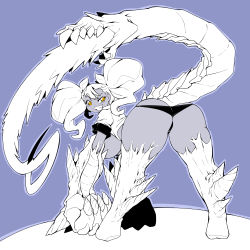 Rule 34 | 1girl, absurdres, all fours, ass, ass focus, bare shoulders, bra, breasts, claws, curvy, dragon tail, dragoontequila, fang, full body, greyscale with colored background, grin, highres, huge ass, large breasts, long hair, looking at viewer, looking back, micro panties, monochrome, monster girl, original, panties, simple background, smile, solo, tail, tequila (dragoontequila), thighs, thong, twintails, underwear, wide hips
