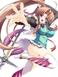 Rule 34 | 1girl, bachou, breasts, female focus, hair tubes, halberd, kirisawa tokito, koihime musou, outstretched arm, outstretched hand, perspective, polearm, reaching, reaching towards viewer, solo, weapon, white background
