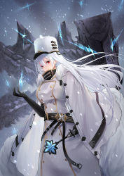 Rule 34 | 1girl, azur lane, belt, black gloves, buttons, cloak, coat dress, commentary request, crystal, double-breasted, elbow gloves, fur trim, gloves, gold trim, hair between eyes, hat, high collar, highres, long hair, looking at viewer, machinery, military hat, osisio, red eyes, smile, snowing, solo, sovetskaya rossiya (azur lane), standing, white hair, white hat