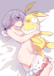 Rule 34 | 1girl, absurdres, bed, blue eyes, breasts, closed mouth, crying, crying with eyes open, doll, highres, homu (honkai impact), honkai (series), honkai impact 3rd, long hair, lying, navel, nipples, hugging object, on back, one eye closed, side ponytail, skirt, small breasts, tears, theresa apocalypse, topless, white hair, white skirt, yu xiu