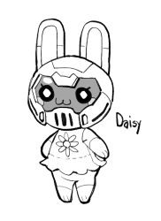 Rule 34 | 1girl, :3, animal, animal crossing, animal ears, bad id, bad twitter id, blush stickers, character name, commentary, crossover, daisy (doom), doom (series), dress, english commentary, flower (symbol), full body, furry, furry female, greyscale, helmet, monochrome, nintendo, pants, rabbit ears, rabbit girl, simple background, solo, standing, star-rod, white background