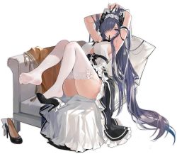 Rule 34 | 1girl, armpits, arms up, august von parseval (azur lane), august von parseval (the conquered unhulde) (azur lane), azur lane, black footwear, breasts, full body, garter straps, hair ornament, high heels, large breasts, long hair, looking at viewer, maid, maid headdress, mouth hold, official alternate costume, official art, one eye covered, plant, purple eyes, purple hair, reclining, shoe dangle, shoes, sideboob, sitting, soaryuna, thighhighs, transparent background, unworn shoe, unworn shoes, white thighhighs
