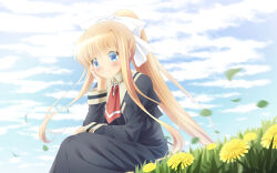 Rule 34 | 1girl, air (visual novel), ascot, blonde hair, blue eyes, blue sky, closed mouth, cloud, commentary, dandelion, flower, highres, juliet sleeves, kamio misuzu, long hair, long sleeves, looking at viewer, outdoors, ponytail, puffy sleeves, red ascot, sidelocks, sitting, sky, smile, solo, usacchi (deep marine)