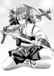 Rule 34 | 10s, 1girl, a6m zero, aircraft, airplane, arrow (projectile), bad id, bad pixiv id, blush, bow (weapon), flat chest, greyscale, hachimaki, hair ribbon, headband, high ponytail, japanese clothes, kantai collection, long hair, long sleeves, monochrome, muneate, personification, ponytail, propeller, ribbon, sandals, shorts, solo, squatting, tsutsumi (low-tension), weapon, wide sleeves, zuihou (kancolle)