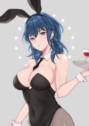 Rule 34 | 1girl, animal ears, bare arms, bare shoulders, black hairband, black leotard, black necktie, blue eyes, blue hair, breasts, brown pantyhose, byleth (female) (fire emblem), byleth (fire emblem), cleavage, covered navel, cowboy shot, cup, detached collar, drinking glass, expressionless, fire emblem, fire emblem: three houses, grey background, hairband, highres, holding, holding tray, hoshido1214, large breasts, leotard, long hair, looking at viewer, necktie, nintendo, pantyhose, playboy bunny, rabbit ears, solo, star (symbol), starry background, strapless, strapless leotard, tray, wrist cuffs