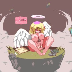 Rule 34 | 1boy, 1girl, angel, animated, animated gif, aoihitsuji, assertive female, between breasts, blonde hair, bouncing breasts, breasts, cloud, cross-section, cum, cum in pussy, feathers, floating island, halo, heart, heaven, huge breasts, looping animation, original, pixel art, rape, red eyes, sex, size difference, smile, thighs, water, waterfall, wings, x-ray