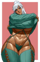 Rule 34 | 1girl, abs, absurdres, blue eyes, border, breasts, clothes lift, dark-skinned female, dark skin, g-string, garter straps, green garter straps, green panties, green shirt, green thighhighs, highres, large breasts, long hair, looking at viewer, muscular, muscular female, original, panties, pink background, ponytail, shirt, shirt lift, simple background, solo, sotcho, sweat, thick thighs, thighhighs, thighs, thong, tian xiaoxiao (mutageniccrow), underboob, underwear, undressing, white border, white hair
