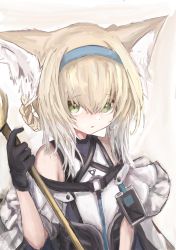 Rule 34 | 1girl, absurdres, animal ear fluff, animal ears, arknights, bare shoulders, black gloves, blonde hair, blue hairband, braid, braided hair rings, commentary request, dress, fox ears, gloves, green eyes, hair between eyes, hair ornament, hair rings, hairband, hand up, highres, holding, holding staff, id card, infection monitor (arknights), long hair, looking at viewer, material growth, multicolored hair, oripathy lesion (arknights), parted lips, piennamekuzi, shirt, simple background, solo, staff, streaked hair, suzuran (arknights), tactical clothes, twin braids, two-tone hair, upper body, white background, white dress, white hair, white shirt