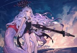 Rule 34 | 1girl, absurdres, ahoge, beach, blue archive, blurry, cloud, cloudy sky, commentary request, demon girl, demon horns, depth of field, forehead, gun, hair ornament, hairclip, halo, highres, hina (blue archive), hina (swimsuit) (blue archive), holding, holding gun, holding weapon, horizon, horns, innertube, long hair, machine gun, mg42, name tag, ocean, official alternate costume, official alternate hairstyle, old school swimsuit, one side up, outdoors, parted bangs, purple eyes, school swimsuit, sidelocks, sky, sleeveless, solo, swim ring, swimsuit, twilight, wavy hair, weapon, whistle, whistle around neck, white hair, wind, yanyan (shinken gomi)