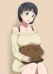Rule 34 | 1girl, :d, bare shoulders, black hair, breasts, brown background, brown sweater, collarbone, hair ornament, hairclip, holding, holding pillow, invisible chair, kirigaya suguha, large breasts, off-shoulder sweater, off shoulder, open mouth, pillow, puge, short hair, simple background, sitting, sleeves past wrists, smile, solo, sweater, sword art online