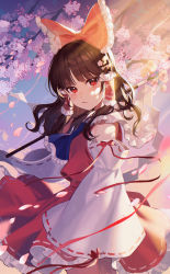 Rule 34 | 1girl, :/, arm at side, armpits, arms up, ascot, blue ascot, bow, branch, brown eyes, brown hair, cherry blossoms, closed mouth, collared shirt, detached sleeves, frilled ascot, frilled bow, frilled shirt collar, frills, gohei, hair bow, hair ornament, hair tubes, hakurei reimu, headwear request, highres, jill 07km, long sleeves, looking at viewer, medium hair, midriff, over shoulder, petals, red bow, red shirt, red skirt, ribbon-trimmed sleeves, ribbon trim, sarashi, shirt, sidelocks, skirt, sleeveless, sleeveless shirt, solo, touhou