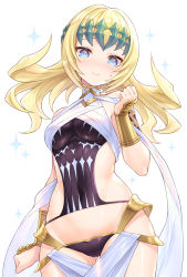 Rule 34 | 1girl, armlet, bare shoulders, black shirt, blue eyes, bracer, breasts, clenched hands, collar, colored eyelashes, commentary request, covered navel, cowboy shot, diadem, fate/grand order, fate (series), from below, gluteal fold, highres, impossible clothes, long hair, looking at viewer, lowleg, medium breasts, metal collar, pollux (fate), robe, shirt, smile, solo, sparkle, thighs, tomo (tmtm mf mf), white background, white robe