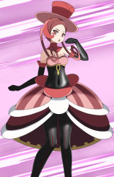 Rule 34 | 1girl, black gloves, brown hair, commentary request, covering navel, creatures (company), dana (pokemon), elbow gloves, game freak, gloves, hat, highres, looking at viewer, multicolored hair, nintendo, open mouth, pantyhose, pink background, pokemon, pokemon xy, red hair, red hat, solo, standing, tsukishiro saika, two-tone hair