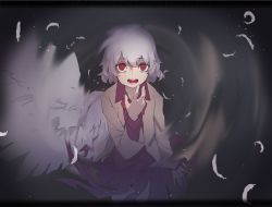 Rule 34 | 1girl, bright pupils, brown jacket, cowboy shot, dress, grey background, hand up, highres, jacket, kishin sagume, letterboxed, long sleeves, looking at viewer, medium hair, open mouth, red dress, red eyes, reiga (act000), sanpaku, single wing, solo, standing, touhou, white pupils, wings