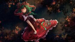 Rule 34 | 1girl, artist name, autumn leaves, bow, bowtie, branch, closed eyes, closed mouth, clothes grab, cowboy shot, dated, dress, facing viewer, frilled dress, frilled ribbon, frills, front ponytail, green hair, hair ribbon, highres, kagiyama hina, leaning to the side, long dress, medium hair, nani kore (wjstpwls4), puffy short sleeves, puffy sleeves, red dress, red ribbon, ribbon, short sleeves, signature, smile, solo, spinning, standing, touhou, white bow, white bowtie, wrist ribbon