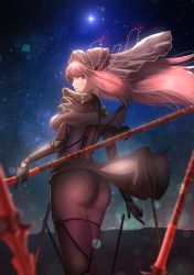 Rule 34 | 1girl, absurdres, aomaru (shta-chu-jisuiai), armor, ass, back, bad id, bad pixiv id, bodysuit, breasts, fate/grand order, fate (series), gae bolg (fate), hair between eyes, highres, large breasts, long hair, looking at viewer, looking back, night, night sky, pauldrons, polearm, purple bodysuit, purple hair, red eyes, scathach (fate), shoulder armor, sky, solo, spear, star (sky), starry sky, thighs, veil, weapon, wind, wind lift