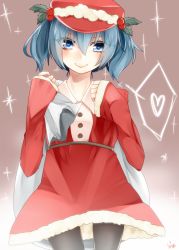 Rule 34 | 1girl, black pantyhose, blue eyes, buttons, christmas, dress, gradient background, hair bobbles, hair ornament, hat, heart, heart-shaped pupils, highres, holding, kawashiro nitori, long sleeves, pantyhose, ramia (kaosu1118), red dress, red hat, sack, santa costume, short hair, smile, solo, sparkle, symbol-shaped pupils, touhou, twintails, two side up