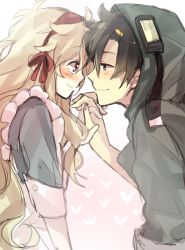 Rule 34 | 1boy, 1girl, bad id, bad pixiv id, black hair, blonde hair, couple, eye contact, face-to-face, holding hands, hetero, hood, hoodie, interlocked fingers, kagerou project, kozakura marry, long hair, looking at another, mitsu yomogi, red eyes, seto kousuke, short hair, smile, souzou forest (vocaloid), vocaloid