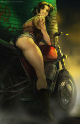Rule 34 | 1girl, artist name, ass, black hair, black lagoon, boots, brick wall, bulletproof vest, cigarette, commentary, denim, denim shorts, english commentary, evil grin, evil smile, grin, legs, looking at viewer, looking back, motor vehicle, motorcycle, muscular, muscular female, nextoad, revy (black lagoon), shorts, smile, smoking, solo, tattoo, teeth, thighs