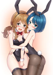 Rule 34 | 2girls, aizawa kazuha, animal ears, arched back, arm around shoulder, ass, assault lily, bare shoulders, black hairband, black leotard, blue eyes, blue hair, blush, bow, bowtie, breasts, brown hair, brown legwear, closed mouth, collarbone, commentary request, covered navel, cowboy shot, detached collar, embarrassed, fake animal ears, fake tail, fingernails, gradient background, grey eyes, groin, gungun (hakutou7887), hair ornament, hairband, hand on another&#039;s hip, hand on another&#039;s shoulder, highleg, highleg leotard, highres, iijima renka, jewelry, leotard, long hair, looking at viewer, looking to the side, low ponytail, medium breasts, multiple girls, open mouth, orange background, pantyhose, playboy bunny, rabbit ears, rabbit tail, red bow, red bowtie, ring, short hair, side ponytail, sidelocks, standing, star (symbol), star hair ornament, strapless, strapless leotard, tail, tearing up, thighband pantyhose, thighhighs, thighs, v-shaped eyebrows, white background, wrist cuffs