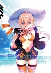 Rule 34 | 1girl, ahoge, beach, bikini, blonde hair, blue eyes, blue sky, breasts, choco (chocolate shop), cloud, copyright request, day, hat, jacket, long hair, looking at viewer, medium breasts, open clothes, open jacket, open mouth, orange bikini, orange thighhighs, original, outdoors, ponytail, sky, smile, solo, striped clothes, striped thighhighs, sun hat, sunlight, swimsuit, thighhighs, water