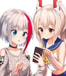 Rule 34 | 2girls, :o, admiral graf spee (azur lane), admiral graf spee (peaceful daily life) (azur lane), ame., aran sweater, ayanami (azur lane), azur lane, black choker, blue eyes, blue sailor collar, blue skirt, blush, brown eyes, brown hair, cable knit, carrying, cellphone, choker, closed mouth, clothing cutout, collarbone, commentary request, crop top, grey hair, grey sweater, hair between eyes, hands up, headgear, high ponytail, highres, holding, holding phone, long hair, long sleeves, midriff, multicolored hair, multiple girls, navel, parted lips, phone, ponytail, red hair, sailor collar, school uniform, serafuku, shirt, short hair, shoulder carry, shoulder cutout, simple background, skirt, sleeveless, sleeveless shirt, smile, streaked hair, sweater, upper body, white background, white shirt
