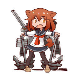 Rule 34 | 10s, 1girl, anchor, anchor symbol, animal ears, artist name, brown eyes, brown hair, fang, hair ornament, hairclip, hanomido, ikazuchi (kancolle), kantai collection, neckerchief, open mouth, red neckerchief, school uniform, serafuku, shoes, skirt, solo, tail, thighhighs, white background