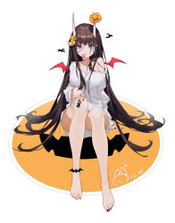 Rule 34 | 1girl, absurdres, anklet, armpit crease, azur lane, barefoot, bat wings, black hair, black nails, blunt bangs, bottomless, breasts, candy, cleavage, collarbone, collared shirt, commentary request, dated, feet, food, grin, halloween, highres, hime cut, horns, jack-o&#039;-lantern ornament, jewelry, large breasts, long hair, long sleeves, looking at viewer, multicolored nails, nail polish, no bra, no panties, noshiro (azur lane), noshiro (cozy enclave) (azur lane), off shoulder, orange nails, purple eyes, shirt, skin-covered horns, smile, solo, tangdouji (machine), teeth, toenail polish, toenails, toes, very long hair, white shirt, wings