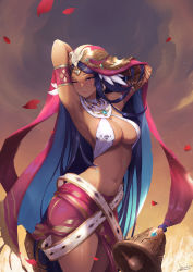 Rule 34 | 1girl, ;), absurdres, arabian clothes, arm behind head, arm tattoo, armlet, armpits, bell, breasts, cleavage, cowboy shot, dancer, dark skin, dark-skinned female, dated, earrings, falling petals, forehead jewel, halterneck, highres, hood, hood up, jewelry, johnson zhuang, legs together, linea alba, lisa (sdorica -sunset-), long hair, looking at viewer, medium breasts, midriff, mole, mole under eye, navel, one eye closed, petals, purple hair, red eyes, revealing clothes, sdorica, sideboob, signature, smile, solo, standing, tattoo, very long hair