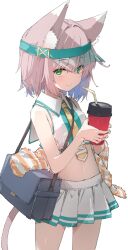 Rule 34 | 1girl, animal ear fluff, animal ears, bag, bendy straw, blue hair, cat ears, cat girl, cat tail, closed mouth, collared shirt, commentary request, crop top, cup, disposable cup, drinking straw, green eyes, hair between eyes, highres, holding, holding cup, hoshi umi, looking at viewer, midriff, multicolored hair, navel, necktie, original, pink hair, pleated skirt, see-through, shirt, shoulder bag, simple background, skirt, sleeveless, sleeveless shirt, smile, solo, sportswear, tail, tennis uniform, towel, two-tone hair, visor cap, white background, white shirt, white skirt, yellow necktie
