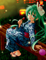 Rule 34 | 1girl, alternate costume, bench, blush, candy, food, fruit, green eyes, green hair, hatsune miku, highres, japanese clothes, long hair, long sleeves, matching hair/eyes, obi, open mouth, sash, side ponytail, sitting, solo, strawberry, terun, vocaloid, wide sleeves