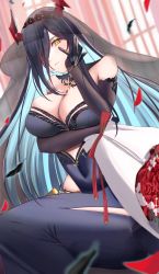Rule 34 | 1girl, azur lane, black dress, black feathers, black gloves, black hair, black veil, blurry, bouquet, breasts, bridal veil, bride, cafenami, cleavage, clothing cutout, covered navel, dress, elbow gloves, feathers, flower, friedrich der grosse (azur lane), friedrich der grosse (zeremonie of the cradle) (azur lane), gloves, hair over one eye, hand on own cheek, hand on own face, highres, holding, holding bouquet, horns, indoors, large breasts, long dress, long hair, looking at viewer, mature female, mechanical horns, official alternate costume, red flower, red horns, red rose, rose, side cutout, sitting, skindentation, solo, veil, very long hair, wedding dress, yellow eyes