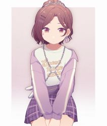 Rule 34 | 1girl, brown background, brown eyes, brown hair, chain, closed mouth, clothes writing, english text, eyebrows hidden by hair, hair ornament, hairclip, highres, higuchi madoka, idolmaster, idolmaster shiny colors, jacket, long sleeves, looking at viewer, nonaprev, off shoulder, open clothes, open jacket, parted bangs, plaid, plaid skirt, pleated skirt, ponytail, purple jacket, purple skirt, shirt, sitting, skirt, solo, two-tone background, white background, white shirt