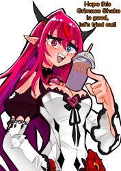 Rule 34 | 1girl, absurdres, blue eyes, breasts, cleavage, cup, detached sleeves, disposable cup, dress, drinking straw, earrings, english text, grimace shake (meme), heterochromia, highres, holding, holding cup, hololive, hololive english, horns, irys (irys 2.0) (hololive), irys (hololive), jewelry, koizumi arata, large breasts, long hair, medium breasts, meme, milkshake, multicolored hair, pointy ears, purple hair, purple liquid, red hair, scene reference, solo, very long hair, virtual youtuber, white dress