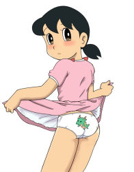 Rule 34 | 1girl, black hair, blush, brown eyes, chinese zodiac, clothes lift, doraemon, dragon, dragon (chinese zodiac), dress, from behind, looking at viewer, looking back, mimoriryou, minamoto shizuka, new year, panties, print panties, simple background, skirt, skirt lift, solo, twintails, underwear, upskirt, white background