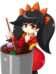 Rule 34 | 1girl, apple, ashley (warioware), banana, big hair, black hair, black pantyhose, blush stickers, candy, chocolate, chocolate bar, commentary request, cowboy shot, dress, finger to mouth, food, fruit, hairband, highres, korutana, lollipop, long hair, long sleeves, mixing, nintendo, orange hairband, pantyhose, pot, red dress, red eyes, simple background, solo, standing, twintails, warioware, watermelon, white background