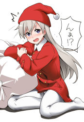 Rule 34 | 1girl, ^^^, coat, commentary request, dress, drooling, eila ilmatar juutilainen, female focus, hat, no shoes, open mouth, pantyhose, sack, saliva, santa hat, silver hair, sitting, solo, strike witches, waking up, white background, white pantyhose, world witches series, youkan