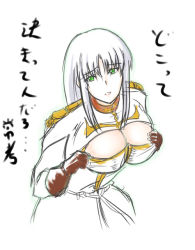 Rule 34 | 1girl, breasts, cleavage, cleavage cutout, clothing cutout, female focus, gloves, green eyes, gundam, gundam zeonic front, large breasts, long hair, military, military uniform, parted lips, pitt, solo, sophie fran, uniform, white hair