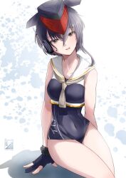 Rule 34 | 1girl, artist logo, asymmetrical hair, black hair, black one-piece swimsuit, breast cutout, brown eyes, brown neckerchief, covered navel, framed breasts, gloves, hair between eyes, headgear, headphones, i-13 (kancolle), kantai collection, kimura shiki, looking at viewer, neckerchief, one-hour drawing challenge, one-piece swimsuit, open mouth, partially fingerless gloves, sailor collar, school swimsuit, shirt, short hair, single glove, sitting, smile, solo, swimsuit, swimsuit under clothes, tsurime, white background