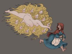 Rule 34 | 2girls, absurdly long hair, apron, ass, barefoot, big hair, blonde hair, blue dress, breasts, cape, dimples of venus, dress, grey background, highres, holding, holding jar, jar, long hair, long sleeves, medium breasts, multiple girls, nipples, nude, original, panoramango, parted lips, profile, red cape, red hood, ribs, simple background, smile, very long hair, white apron